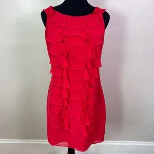 Adrianna Papell Size 8 Red Ruffle Tiered Sleeveless Shift Cocktail Dress